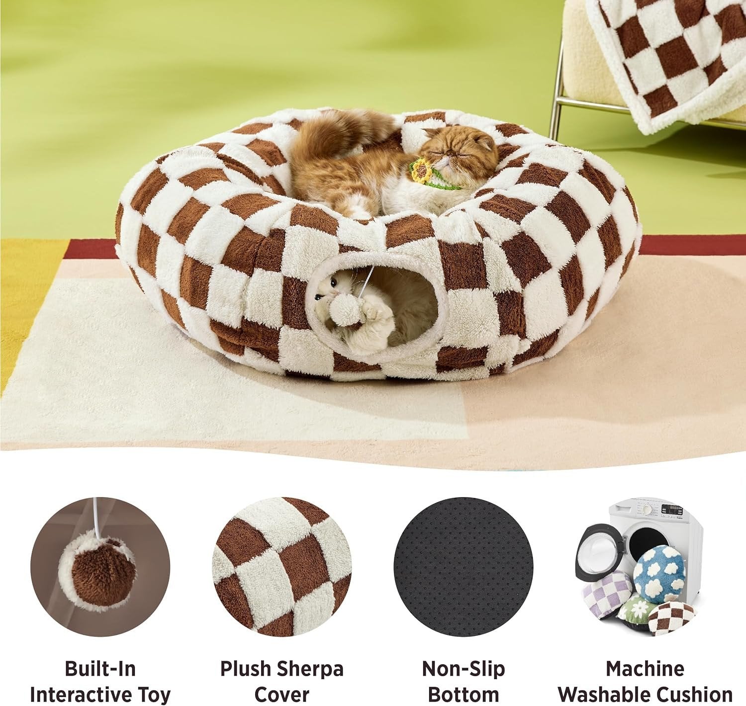 Lesure 2-in-1 Cozy Cat Tunnel Bed with Washable Cushion & Interactive Toys