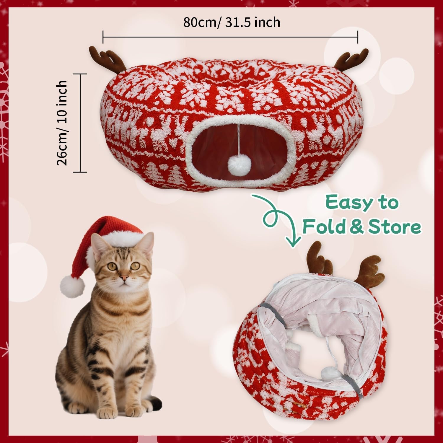 Lesure 2-in-1 Cozy Cat Tunnel Bed with Washable Cushion & Interactive Toys