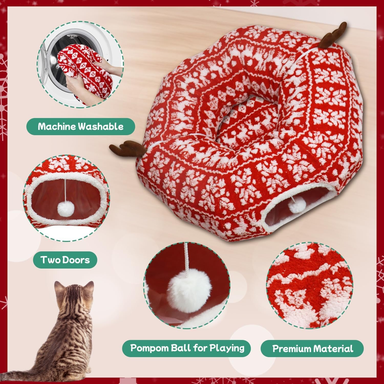 Lesure 2-in-1 Cozy Cat Tunnel Bed with Washable Cushion & Interactive Toys