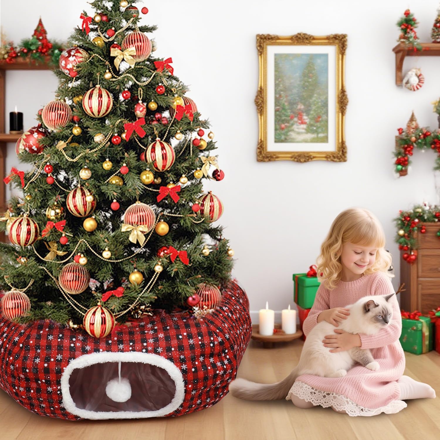 Lesure 2-in-1 Cozy Cat Tunnel Bed with Washable Cushion & Interactive Toys