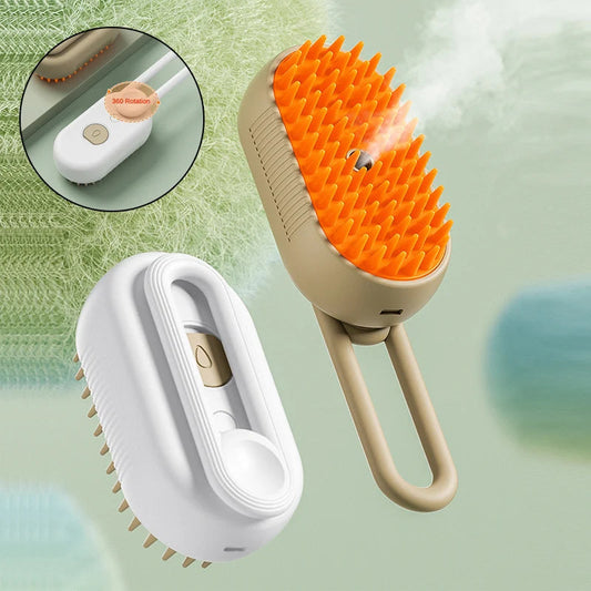 Pet grooming brush with soft silicone bristles, steam function, and ergonomic handle