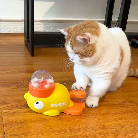 Cat playing with yellow duck-shaped pet toy on wooden floor