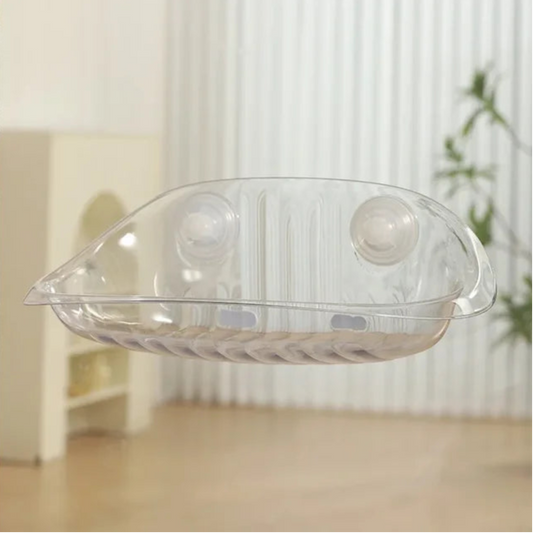 Clear plastic suction cup soap dish on wall in minimal bathroom setting
