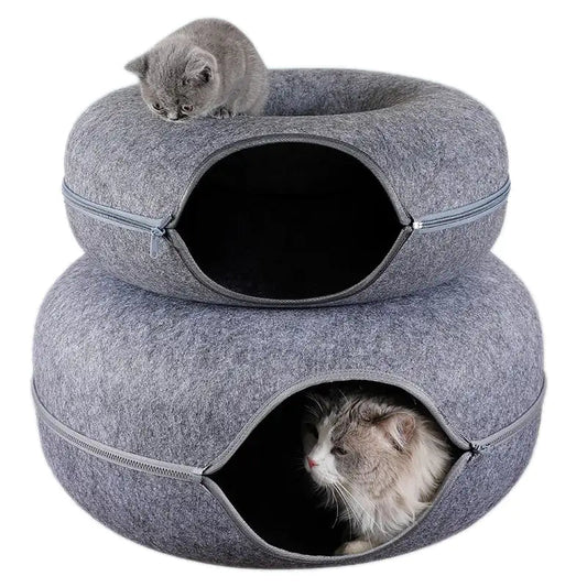 Grey cat beds with zippers, kitten on top, adult cat inside, pet furniture
