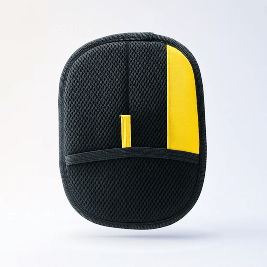Black and yellow textured oven mitt with pocket, isolated on white background.