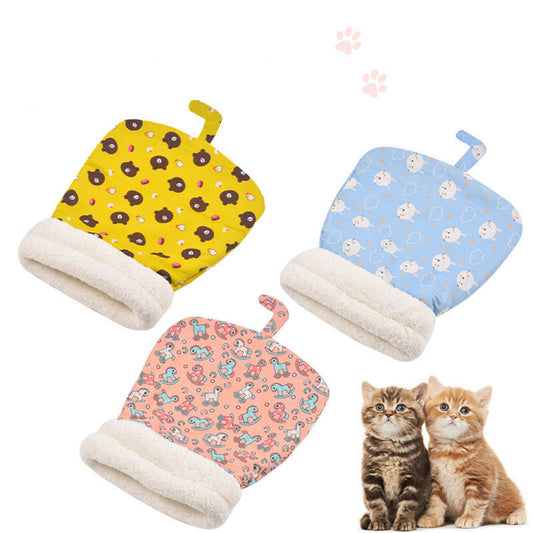 Three colorful cat paw-shaped beds with plush lining and two kittens, pet accessories